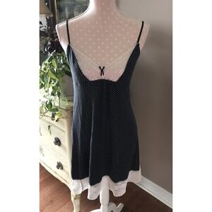 Babydoll Nightie Gown Lingerie Black White Polka Dot Lace Plume Women's Medium
